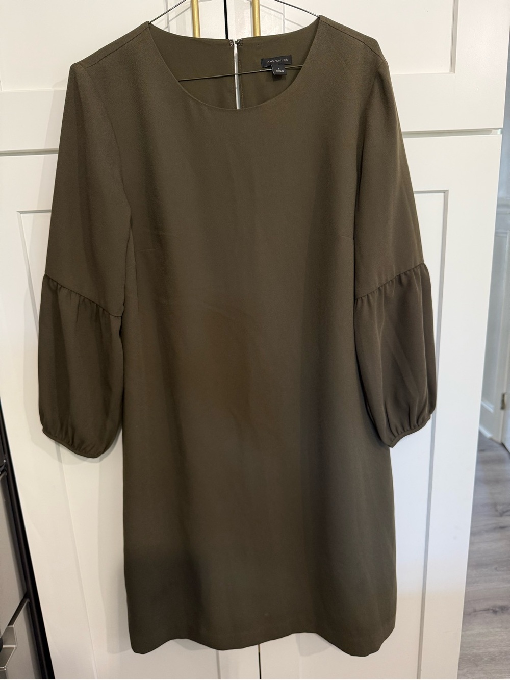 Ann Taylor Olive Shift Dress with 3/4 Puff Sleeves